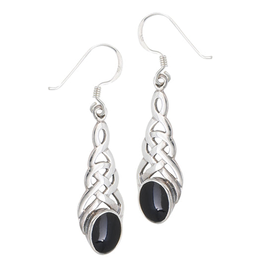 Weave Celtic Traditional Black Simulated Onyx .925 Sterling Silver Braid Earrings