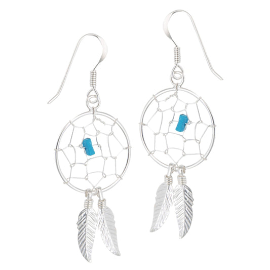 Native American Dream Catcher Hoop Simulated Turquoise .925 Sterling Silver Earrings