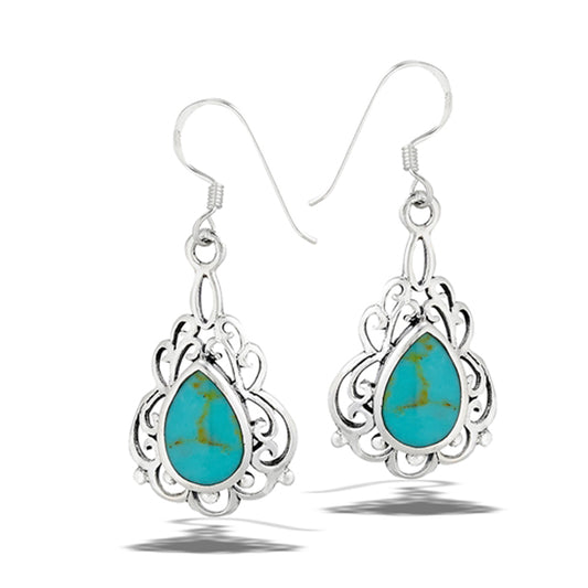 Teardrop Filigree Bohemian Simulated Turquoise .925 Sterling Silver Scroll Earrings