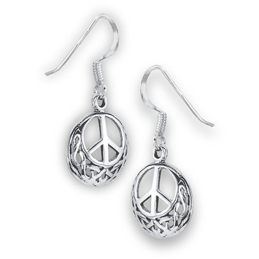 Round Dangle Celtic Peace Sign Cutout .925 Sterling Silver Hippie Symbol Earrings