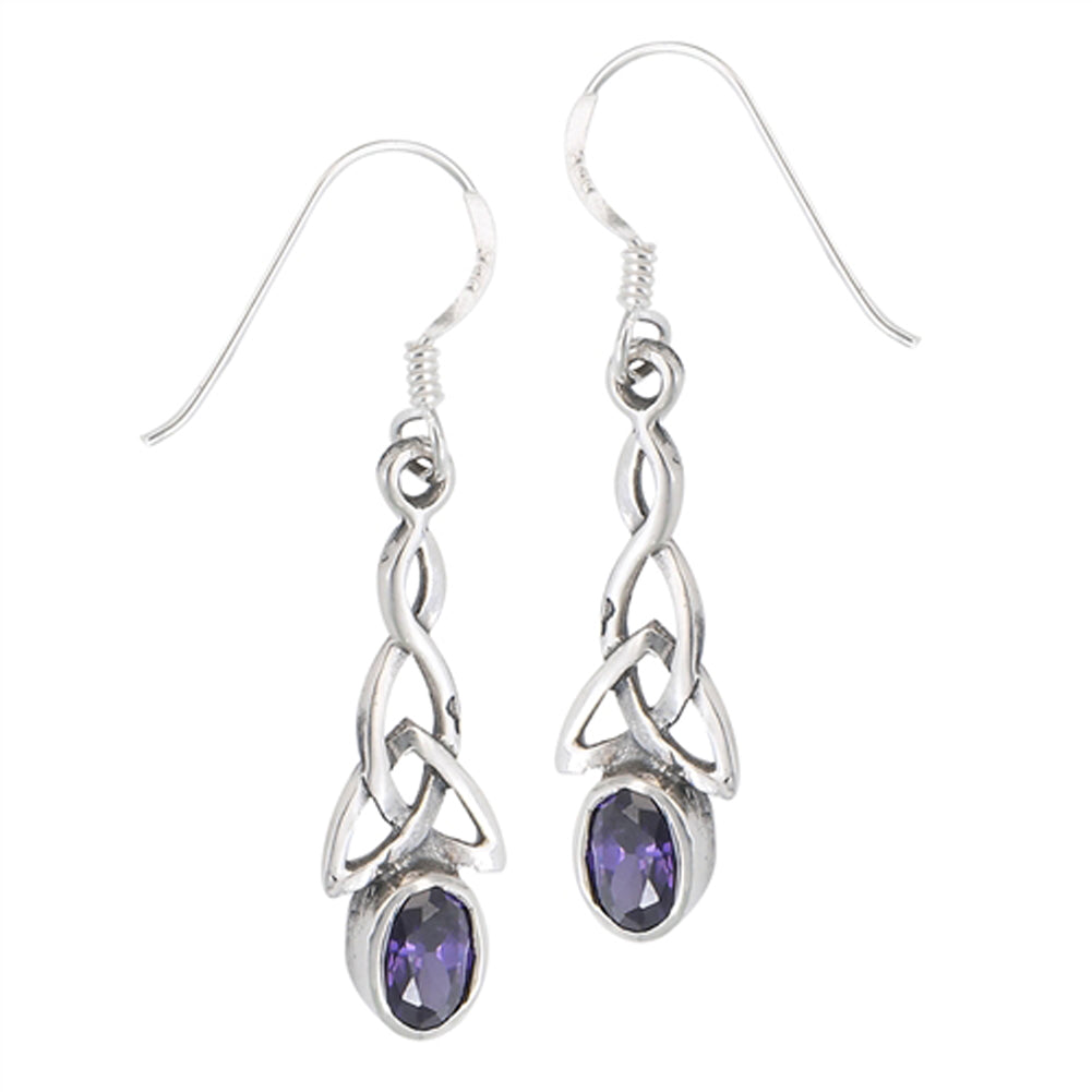 Long Braided Celtic Triquetra Drop Dangle Unique Simulated Amethyst .925 Sterling Silver Earrings