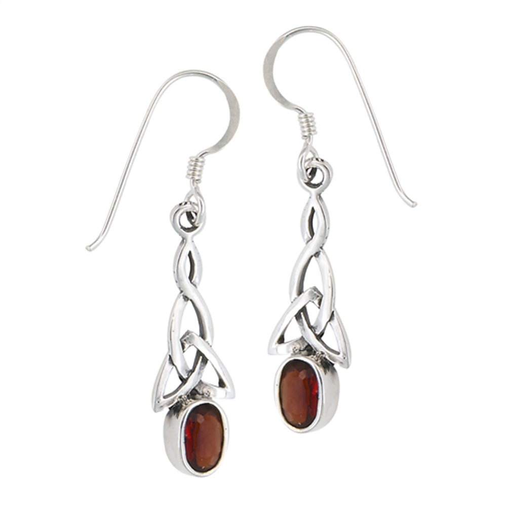 Long Triquetra Braid Celtic Trinity Knot Loop Simulated Garnet .925 Sterling Silver Earrings