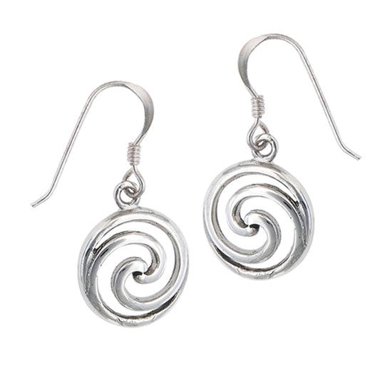 Ocean Wave Round Swirl Dangle Funky .925 Sterling Silver Curl Circle Earrings