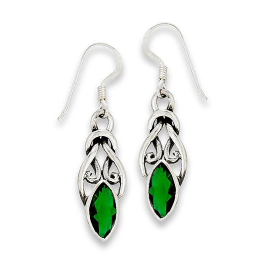 Long Drop Dangle Celtic Filigree Swirl Fancy Simulated Emerald .925 Sterling Silver Earrings