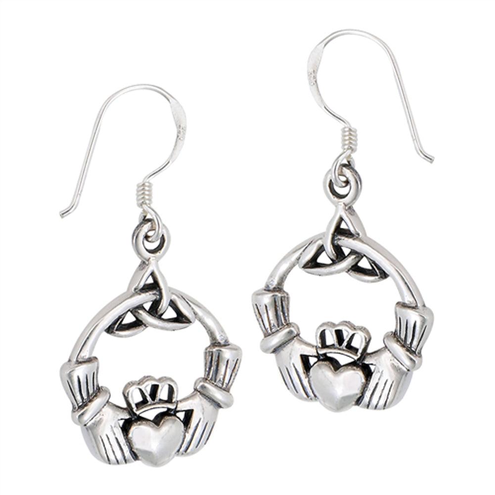 Celtic Triquetra Knot Classic Claddagh Round .925 Sterling Silver Heart Earrings