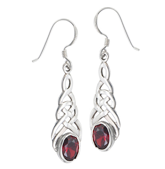 Endless Drop Dangle Celtic Knot Interwoven Simulated Garnet .925 Sterling Silver Earrings