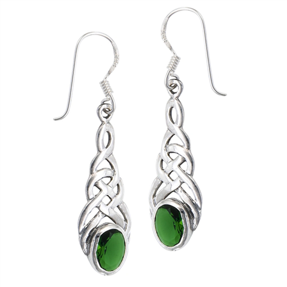 Knot Dangle Interwoven Celtic Braid Renaissance Simulated Emerald .925 Sterling Silver Earrings