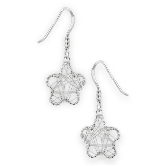 Rounded Star Wire Wrapped Unique .925 Sterling Silver Funky Dangle Flower Earrings