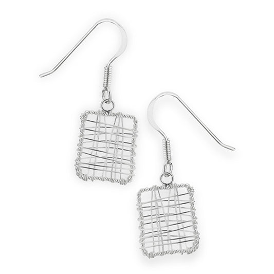 Square Dangle Wire Wrapped Funky .925 Sterling Silver Unique Rope Cage Earrings