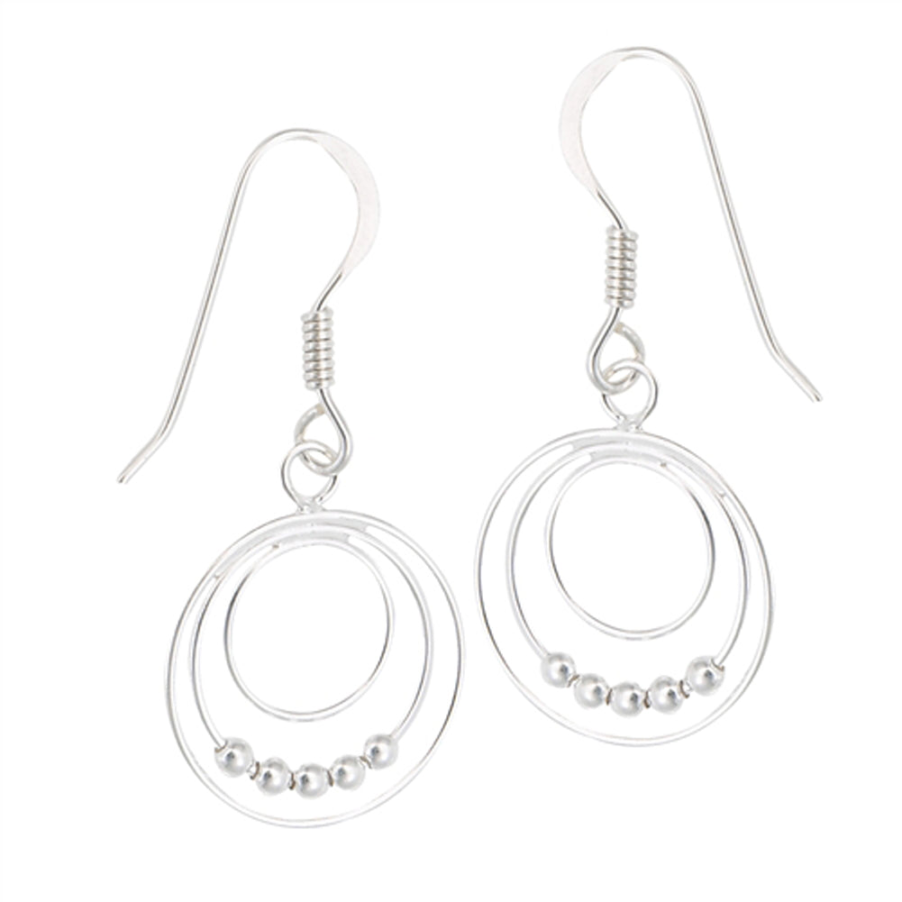 Simple Dangle Triple Circle Round .925 Sterling Silver Modern Beaded Earrings