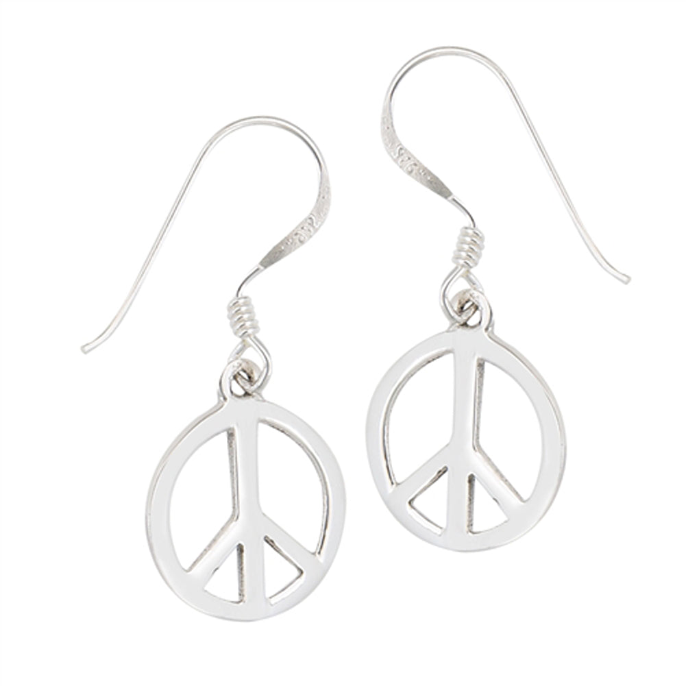 Simple Dangle Peace Sign Hippie Symbol .925 Sterling Silver Bohemian High Polish Earrings