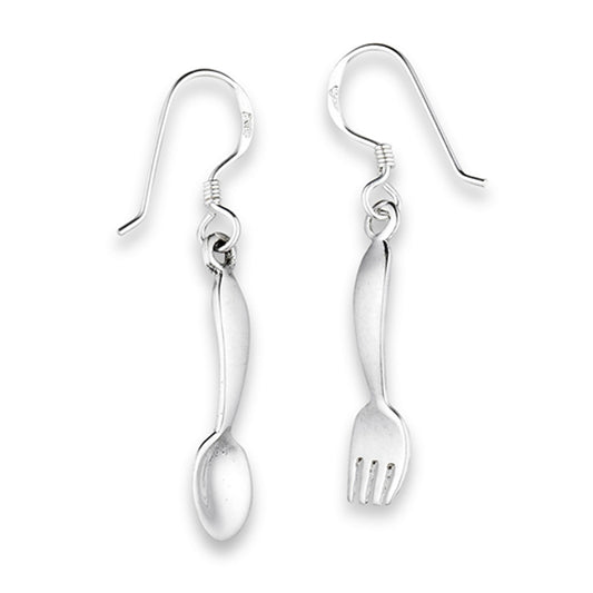 Foodie Spoon and Fork Flatware .925 Sterling Silver Utensils Simple Dangle Earrings