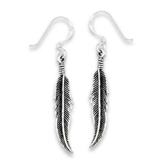Oxidized Bird Feather Festival Fashion .925 Sterling Silver Bohemian Long Dangle Earrings
