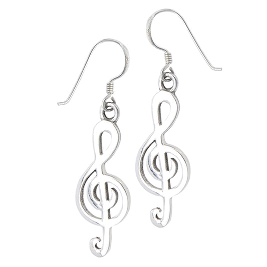 Basic Dangle Cutout Treble Clef Simple .925 Sterling Silver Music Note Earrings