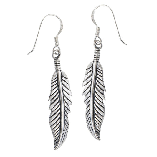 Gypsy Dangle Simple Feather Oxidized .925 Sterling Silver Animal Wing Earrings
