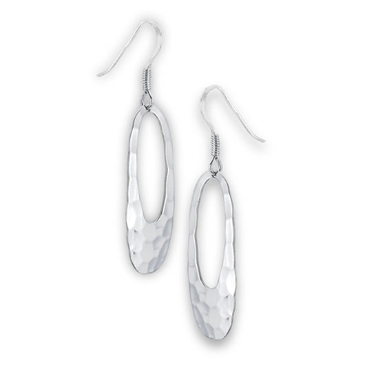 Textured Elongated Oval Hammered .925 Sterling Silver Cutout Dangle High Polish Earrings