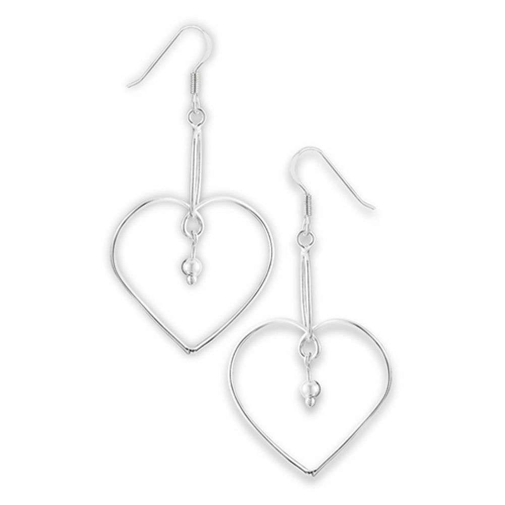 Long Dangle Open Heart High Polish .925 Sterling Silver Promise Ball Bead Earrings