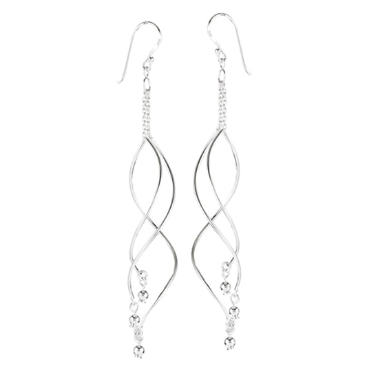 Drop Dangle Modern Twist Ball Bead .925 Sterling Silver Triple Swirl Long Earrings
