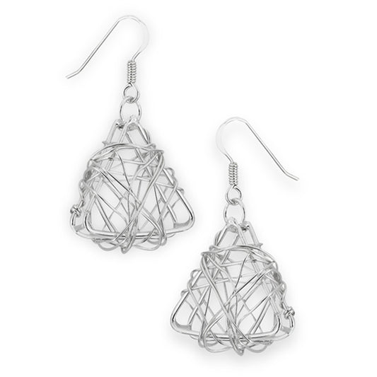 Wire Wrapped Abstract Dangle .925 Sterling Silver Cage Triangle Unique Earrings