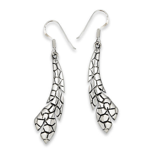 Textured Animal Print Abstract .925 Sterling Silver Feather Dangle Dinosaur Earrings