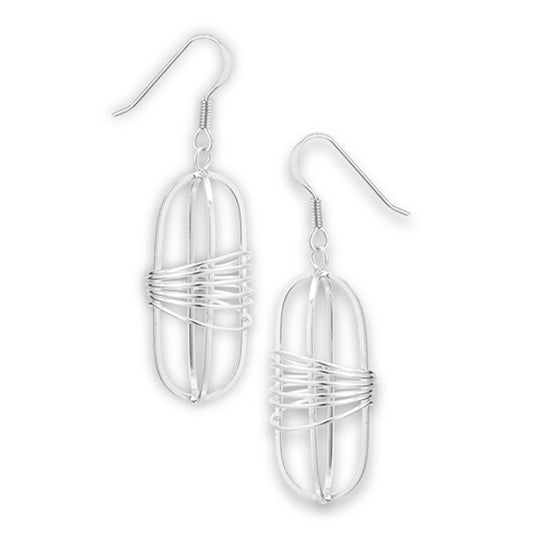 Modern Oval Wire Wrap High Polish .925 Sterling Silver Pill Dangle Abstract Earrings