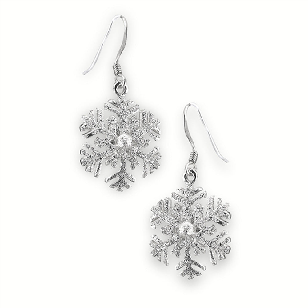 Dangle Sparkly Snowflake Winter .925 Sterling Silver Holiday Textured Earrings