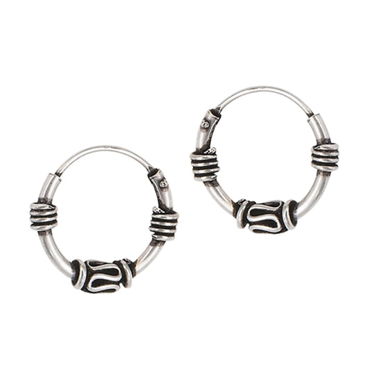 Hoop Bali Style Oxidized .925 Sterling Silver Gypsy Pattern Earrings
