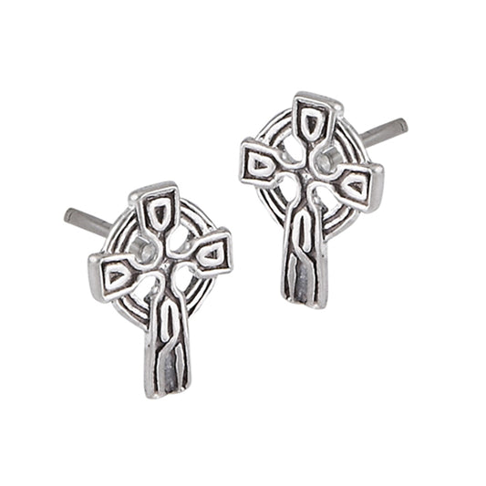 Detailed Celtic Cross Halo .925 Sterling Silver Crucifix Traditional Catholic Stud Earrings