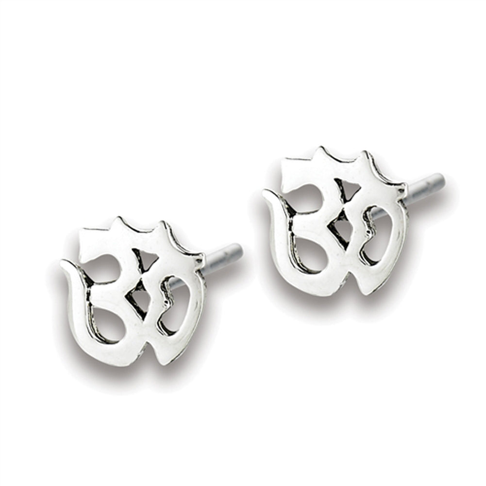 Cutout Om Symbol High Polish .925 Sterling Silver Yoga Ancient Stud Earrings