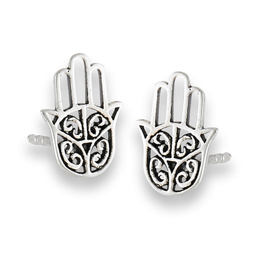 Hamsa Hand Double Thumb Fatima .925 Sterling Silver Buddhism Filigree Stud Earrings