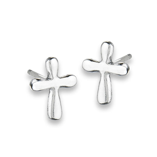 Cute Rounded Cross Christianity .925 Sterling Silver Traditional High Polish Stud Earrings