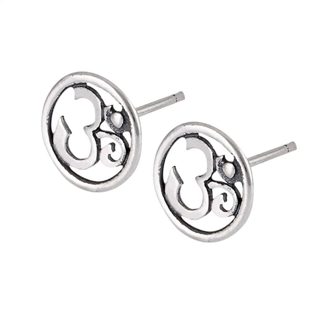 Om Symbol Round Cutout Circular .925 Sterling Silver Small Post Yoga Stud Earrings