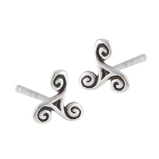 Triple Wave Celtic Curl .925 Sterling Silver Swirl Triskele Oxidized Post Stud Earrings