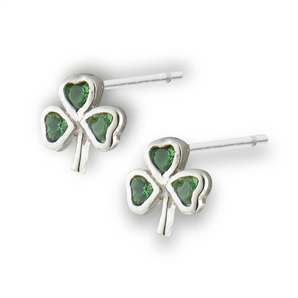 Three Leaf Clover Tiny Shamrock Stud High Polish Simulated Emerald .925 Sterling Silver Stud Earrings
