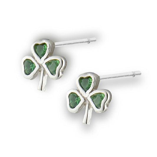 Three Leaf Clover Tiny Shamrock Stud High Polish Simulated Emerald .925 Sterling Silver Stud Earrings