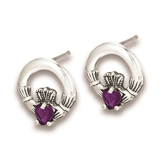 Traditional Celtic Claddagh Heart Simulated Amethyst .925 Sterling Silver Stud Earrings