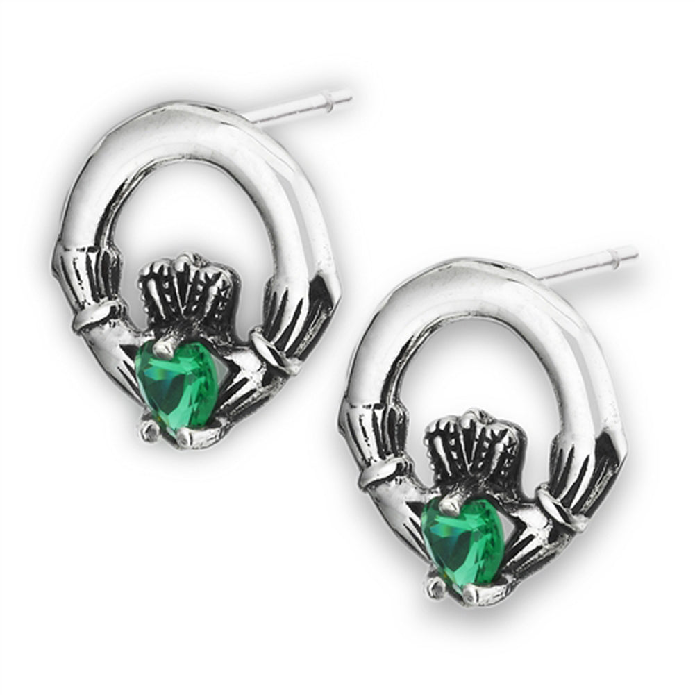 Traditional Irish Symbol Detailed Claddagh Celtic Simulated Emerald .925 Sterling Silver Stud Earrings