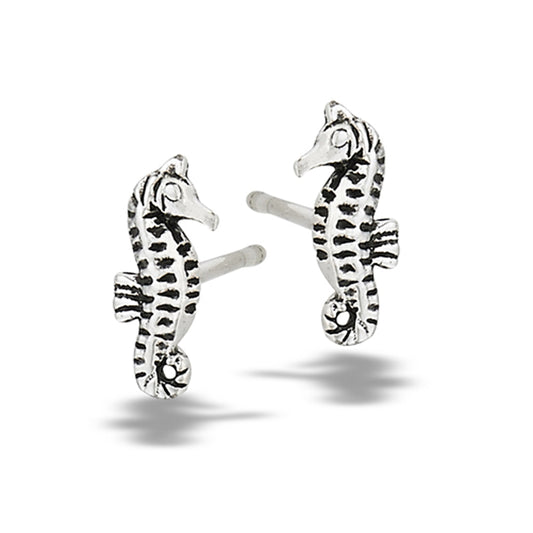 Fish Tiny Oxidized Seahorse Detailed .925 Sterling Silver Ocean Beach Stud Earrings
