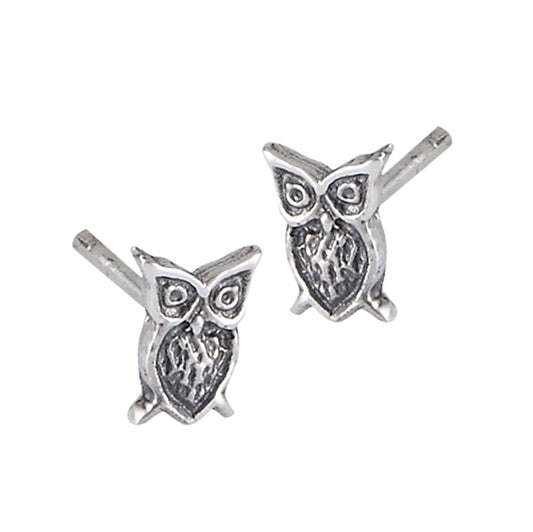 Bird Owl Simple .925 Sterling Silver Carved Wisdom Stud Earrings