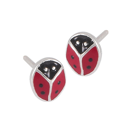 Black Red Animal Ladybug Cute Bug .925 Sterling Silver Stud Earrings