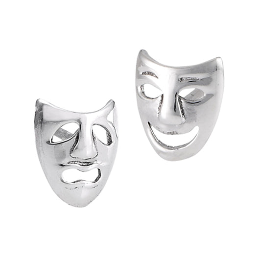 Happy Comedy Tragedy Cutout Faces .925 Sterling Silver Sad Mask Stud Earrings