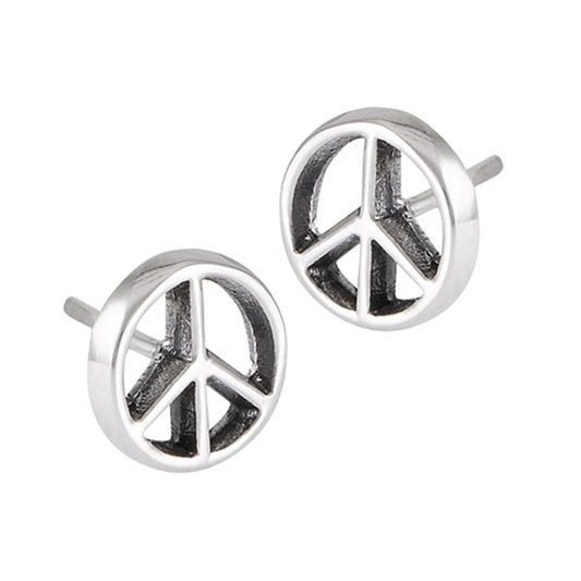 Hippie Symbol Peace Sign Oxidized Cutout .925 Sterling Silver Stud Earrings