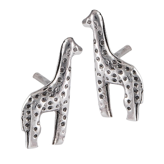 Spotted Animal Oxidized Giraffe Long Neck .925 Sterling Silver Stud Earrings