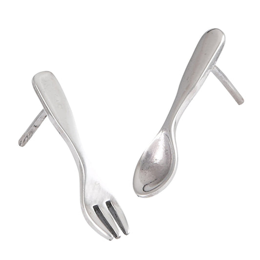 Silverware Spoon Fork Eating .925 Sterling Silver Food Utensils Stud Earrings