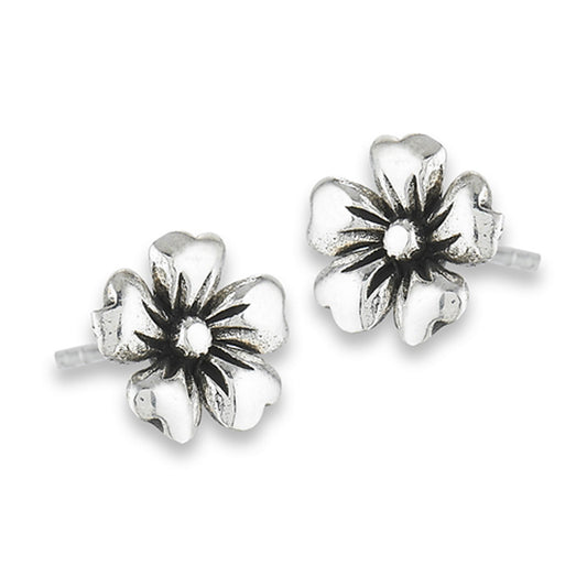 Daisy Oxidized Flower Heart Petals .925 Sterling Silver Plumeria Stud Earrings