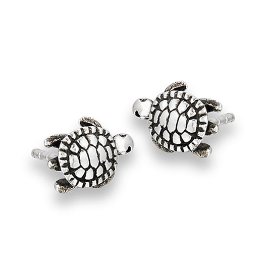Animal Oxidized Turtle Detailed Shell .925 Sterling Silver Ocean Cute Stud Earrings