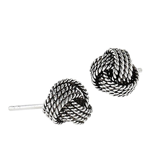 Criss Cross Oxidized Knot Mesh Weave .925 Sterling Silver Loop Ball Rope Stud Earrings
