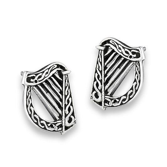 Instrument Oxidized Harp Infinity Weave .925 Sterling Silver Detailed Design Stud Earrings