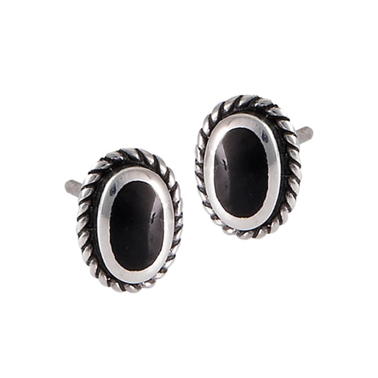 Post Oxidized Rope Framed Oval Classic Black Simulated Onyx .925 Sterling Silver Stud Earrings