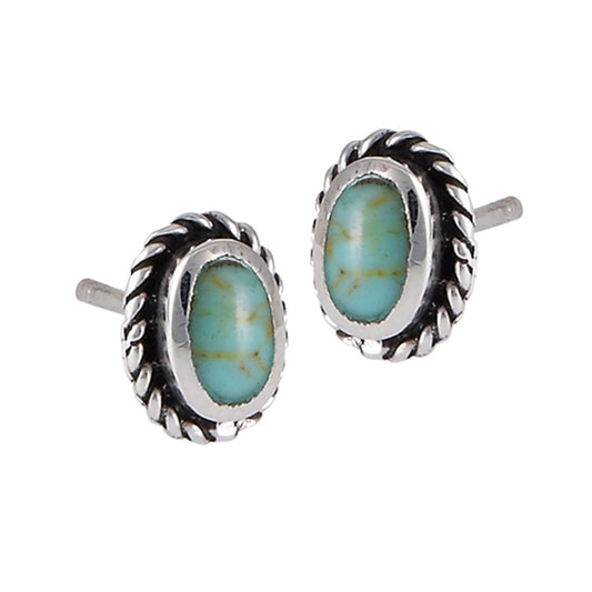 Post Twisted Rope Wrapped Oval Oxidized Simulated Turquoise .925 Sterling Silver Stud Earrings